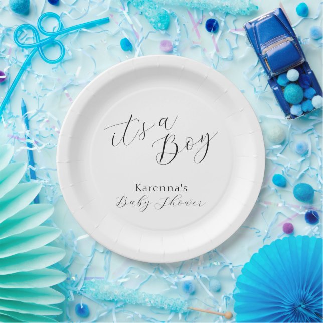 White Simple Minimalistisch Script Boy Baby Showdu Pappteller (Party)