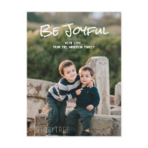White Simple Script Be Joyful Foto Postcard