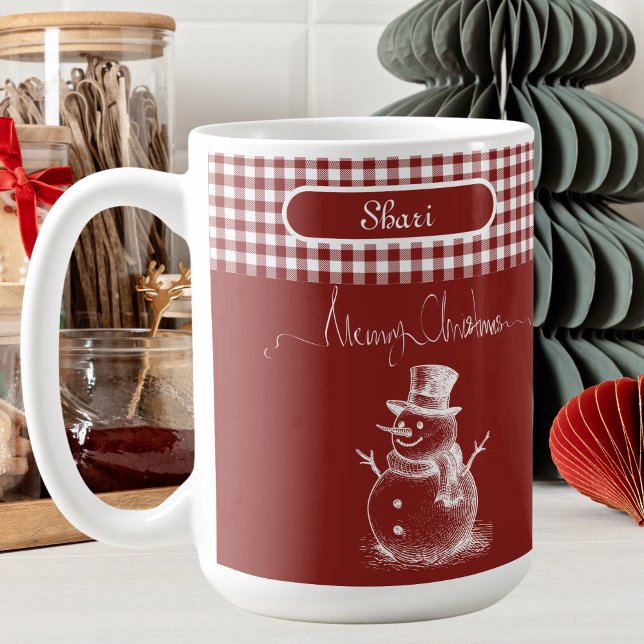 White Simplistic Frohe Weihnachten Snowman Kariert Kaffeetasse (Von Creator hochgeladen)