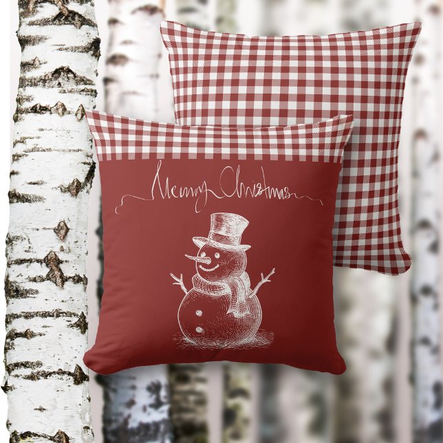 White Simplistic Frohe Weihnachten Snowman Kariert Kissen (Von Creator hochgeladen)