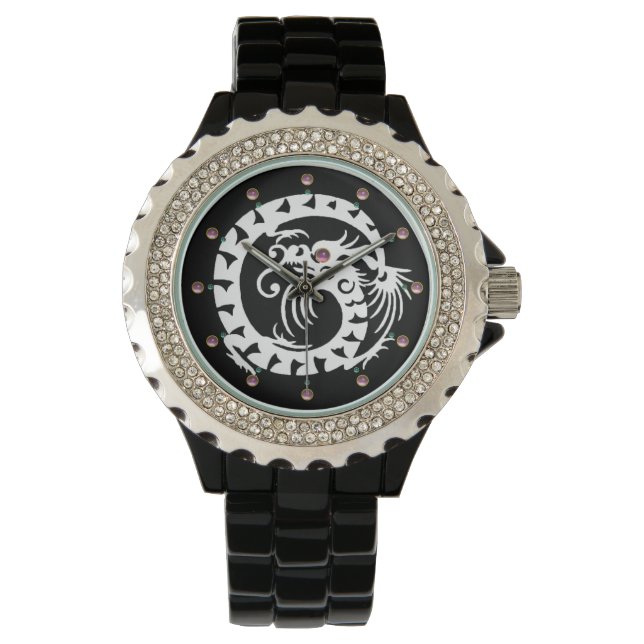 WHITE SNAKE DRAGON Black, Pink Gemstones Armbanduhr (Vorderseite)