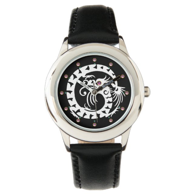 WHITE SNAKE DRAGON Black, Pink Gemstones Armbanduhr (Vorderseite)