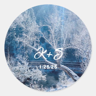 White Snow Winter Mountains Bridge Wedding Sticker