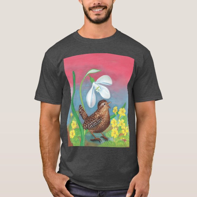 White Snowdrop Wren Bird im Frühjahr Illustration  T-Shirt (Vorderseite)