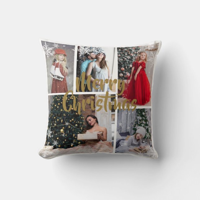 White SnowFlake Gold Merry Christma Foto Collage Kissen (Vorderseite)