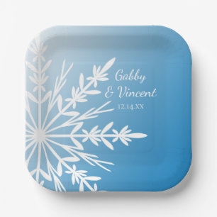 White Snowflake on Blue Winter Wedding Pappteller