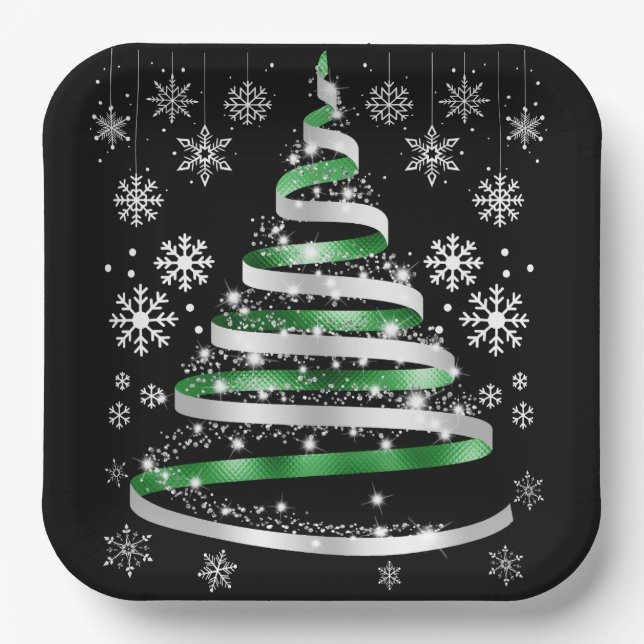 White Snowflake Silver Green Ribbon Christmas Tree Pappteller (Vorderseite)