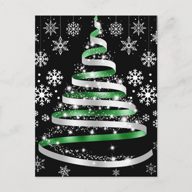 White Snowflake Silver Green Ribbon Christmas Tree Postkarte (Vorderseite)