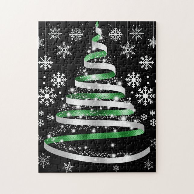 White Snowflake Silver Green Ribbon Weihnachtsbaum (Vertikal)