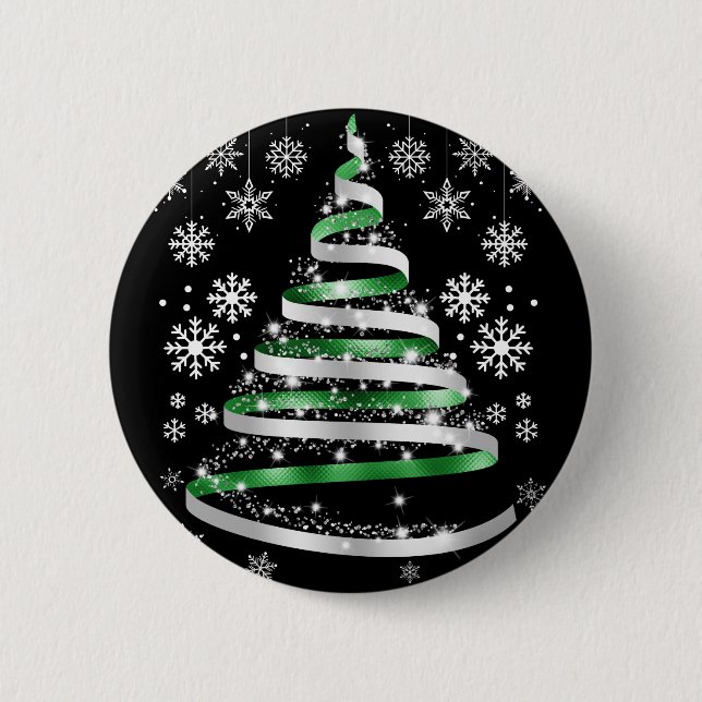 White Snowflake Silver Green Ribbon Weihnachtsbaum Button (Vorderseite)