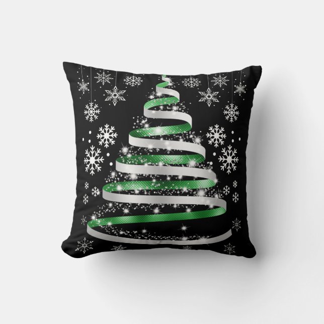 White Snowflake Silver Green Ribbon Weihnachtsbaum Kissen (Vorderseite)