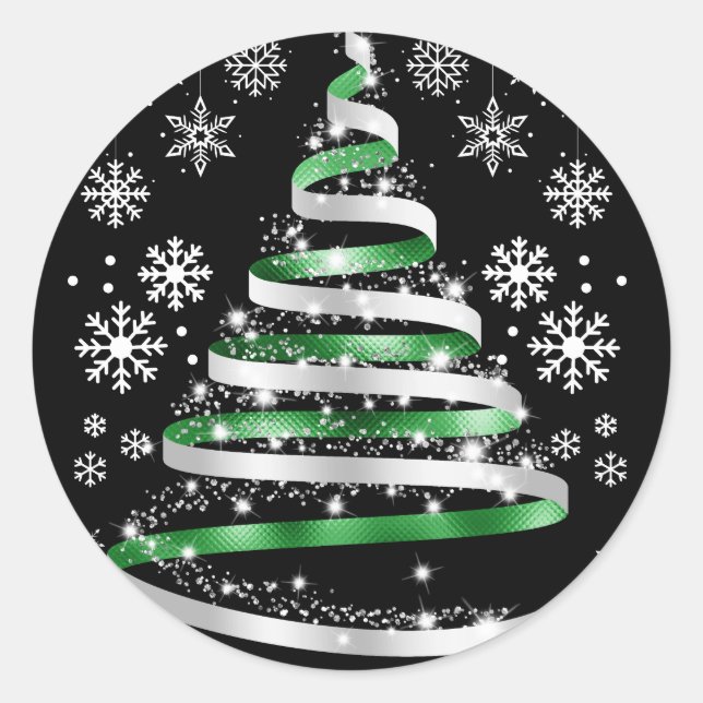 White Snowflake Silver Green Ribbon Weihnachtsbaum Runder Aufkleber (Vorderseite)