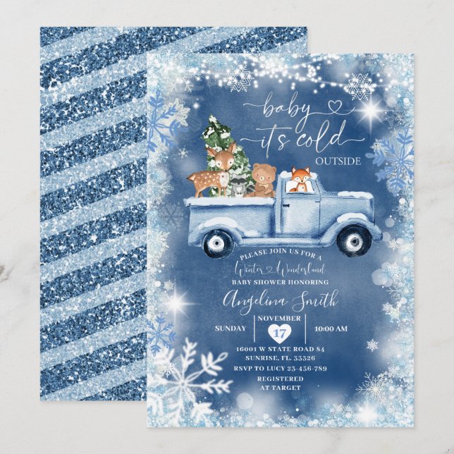 White Snowflake Woodland Animal Baby Dusche Einladung (Vorne/Hinten)