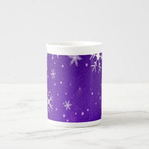 White Snowflakes Blue-Lila Backgd Knochen China Ta Prozellantasse