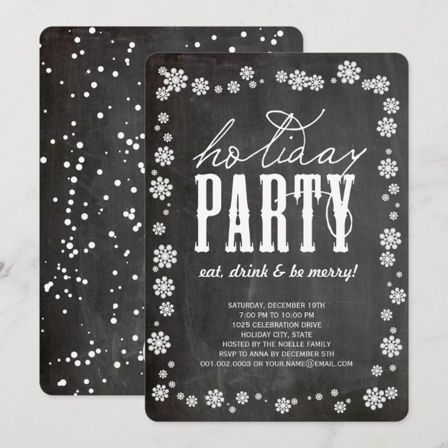 White Snowflakes Chalkboard Fête Invitation (Devant / Derrière)