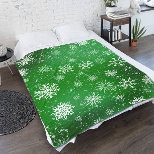 White Snowflakes Emerald Green Fleecedecke
