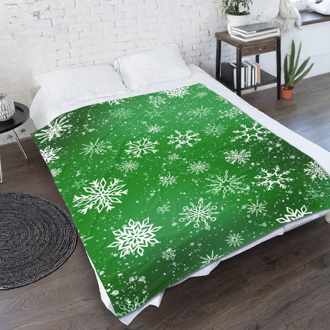 White Snowflakes Emerald Green Fleecedecke (Von Creator hochgeladen)