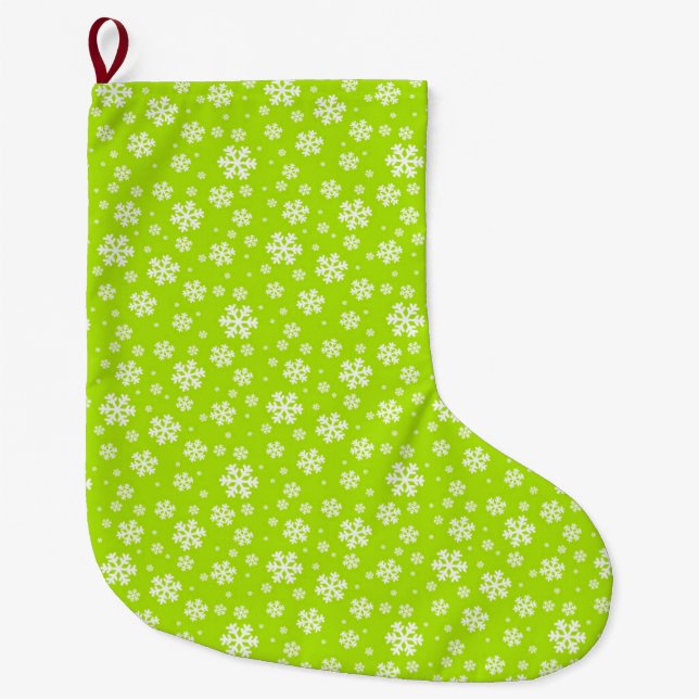 White Snowflakes on Green Winter Pattern Großer Weihnachtsstrumpf (Vorderseite)