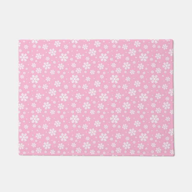White Snowflakes on Light Pink Winter Pattern Fußmatte (Vorderseite)