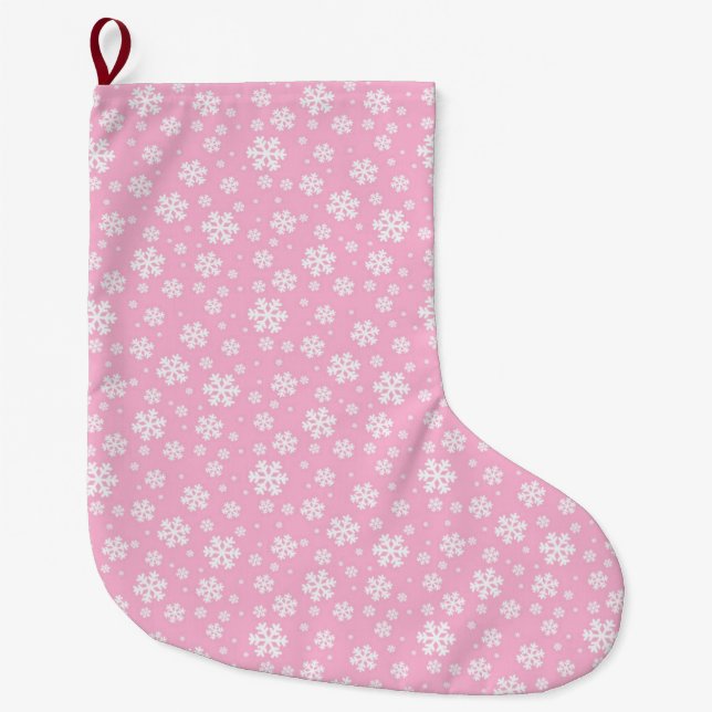 White Snowflakes on Light Pink Winter Pattern Großer Weihnachtsstrumpf (Vorderseite)