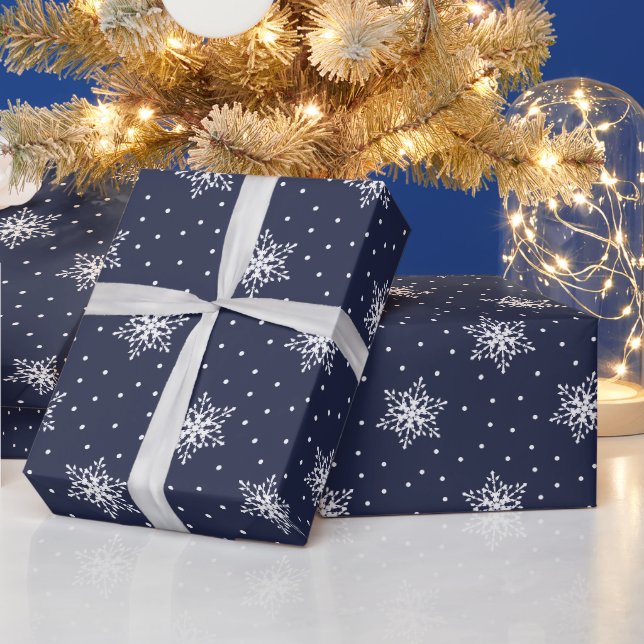 White Snowflakes Polka Dots Navy Blue Weihnachten Geschenkpapier (Feiertage)