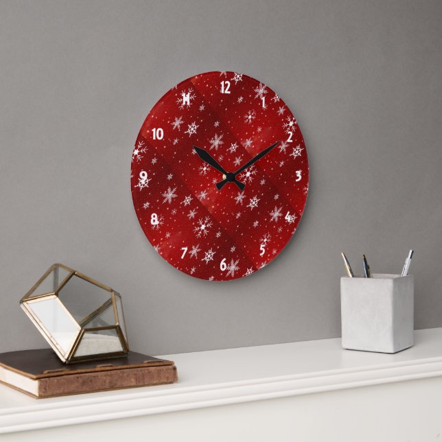 White Snowflakes Red Background Round Wall Clock Große Wanduhr (Büro)