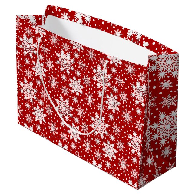White Snowflakes Seamless Muster Große Geschenktüte (Rückseite Schrägansicht)