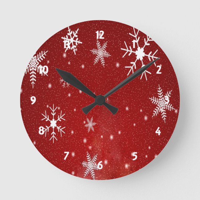 White Snowflakes with Red Background Runde Wanduhr (Vorderseite)