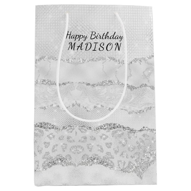 White Sparkle Glitzer Mittlere Geschenktüte (Vorderseite)