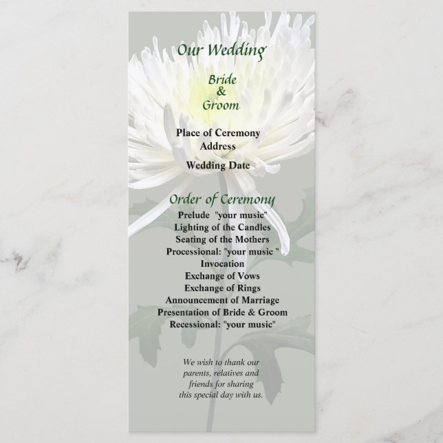 White Spider Mum Wedding Programm (Vorderseite)