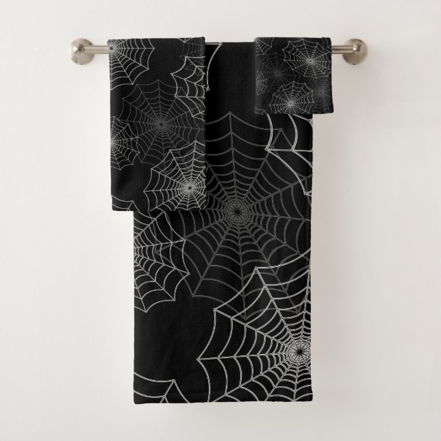 White Spider Web Cobweb Silk Pattern on Black Badhandtuch Set (Insitu)