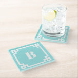 White Square Greek Key Border Aqua Blue Monogram Glasuntersetzer<br><div class="desc">This customizable glass coaster adds a chic touch to your drinkware with its bold Greek key border design in white against a refreshing aqua blue background. Personalize it with your monogram for a truly unique accessory that’s perfect for protecting surfaces in style. Whether for your own home or as a...</div>
