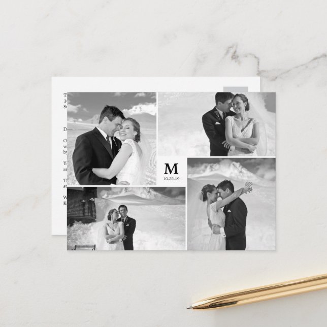 White Square Monogram 4 Foto Wedding Danke Postkarte (Vorderseite/Rückseite Beispiel)