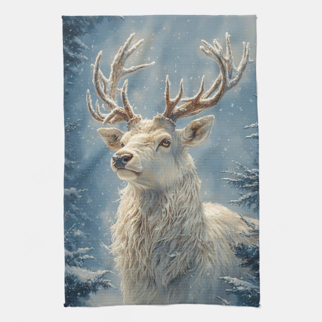 White Stag Portrait Mystical Winter Art Geschirrtuch (Vertikal)