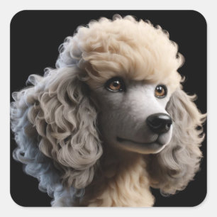 White Standard Poodle Welpe Hund auf schwarz Quadratischer Aufkleber