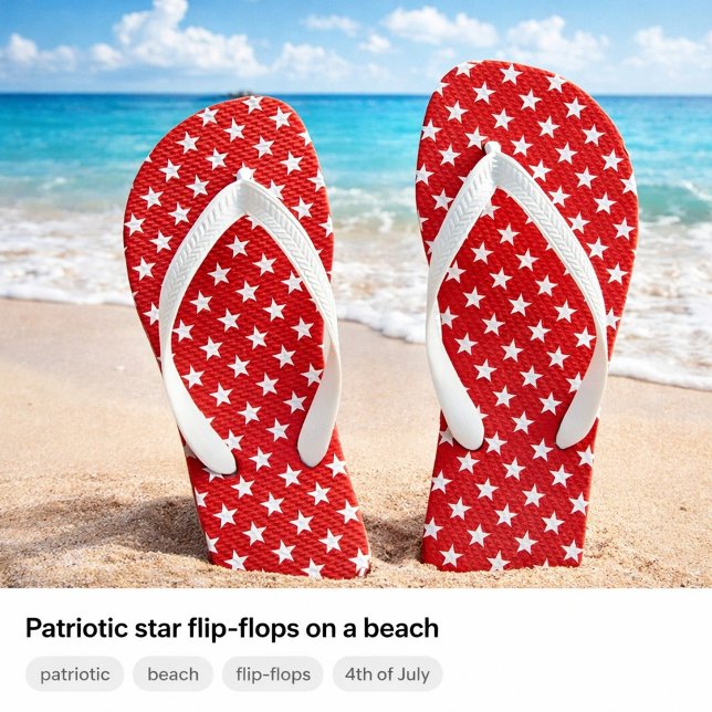 White Star Flip Flops ("Patriotic star flip-flops on a beach")
