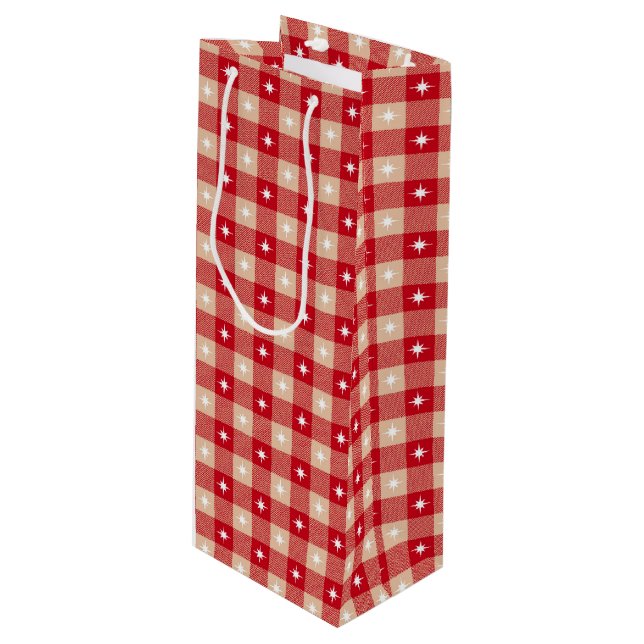 White Star Gingham Country Holiday Geschenktüte Für Weinflaschen (Vorderseite Schrägansicht)