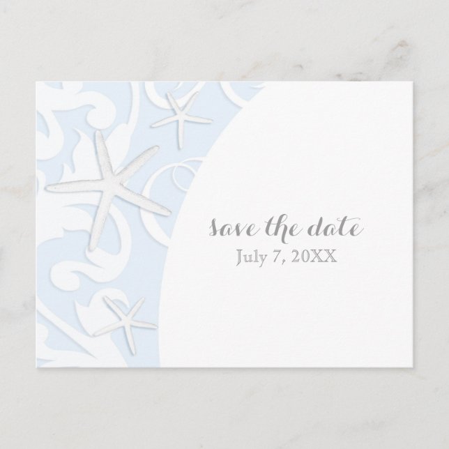 White Starfish Blue Beach Hochzeit Save the Date Ankündigungspostkarte (Vorderseite)