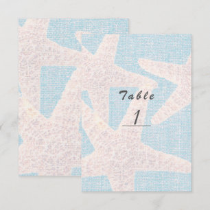 White Starfish & Blue Burlap Beach Tischnummer