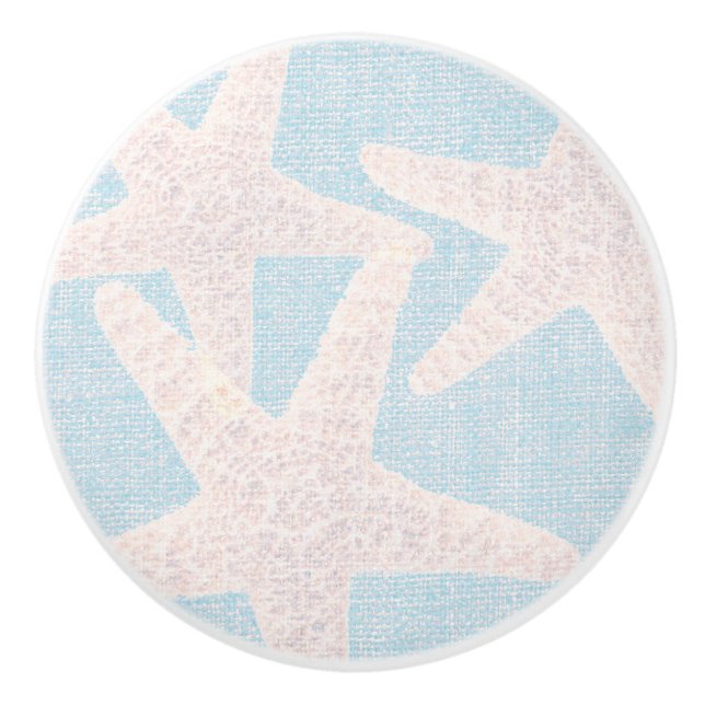 White Starfish & Blue Burlap Eleganter Strand Keramikknauf (Vorderseite)