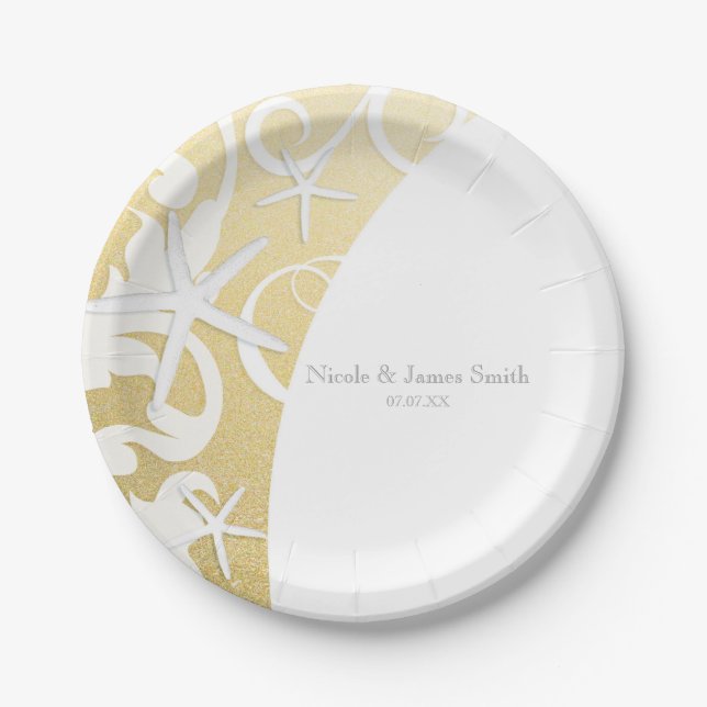 White Starfish Gold Beach Elegante Hochzeit Pappteller (Vorderseite)