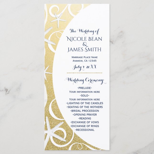 White Starfish Gold Beach Hochzeitsprogramm Programm (Vorderseite)