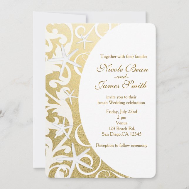 White Starfish Gold Beach Invitations de mariage (Devant)