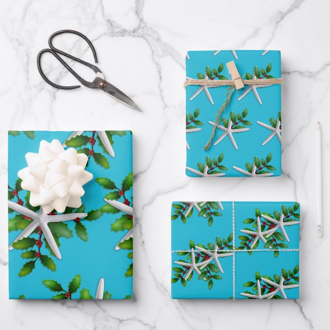 White Starfish n Holly Christmas Aqua Geschenkpapier Set (Vorderseite)