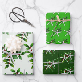White Starfish n Holly Green Shades Geschenkpapier Set
