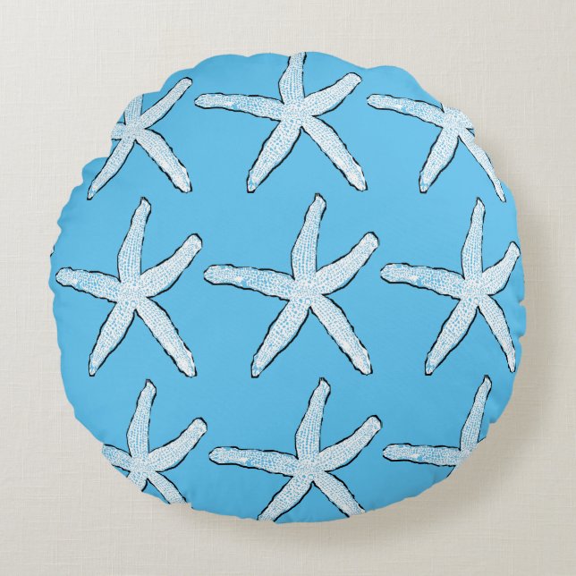 White Starfish Pattern Beach Sky Blue Weihnachten Rundes Kissen (Vorderseite)