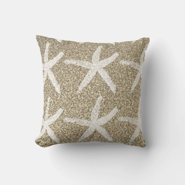 White Starfish Patterns Gold Glitzer Nautic Niedli Kissen (Vorderseite)