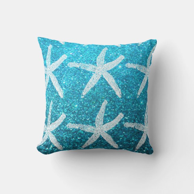 White Starfish Patterns Luxury Glittery Aquamarin  Kissen (Vorderseite)