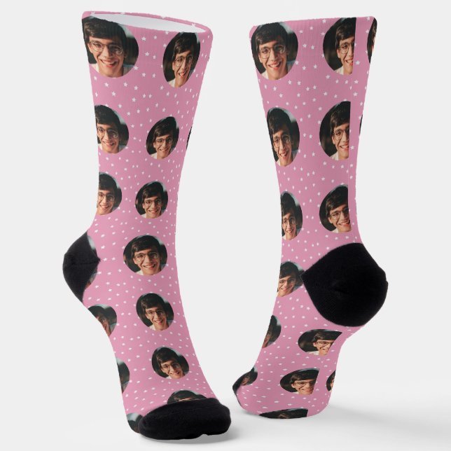 White stars and custom photo pattern on pink socken (Gewinkelt)
