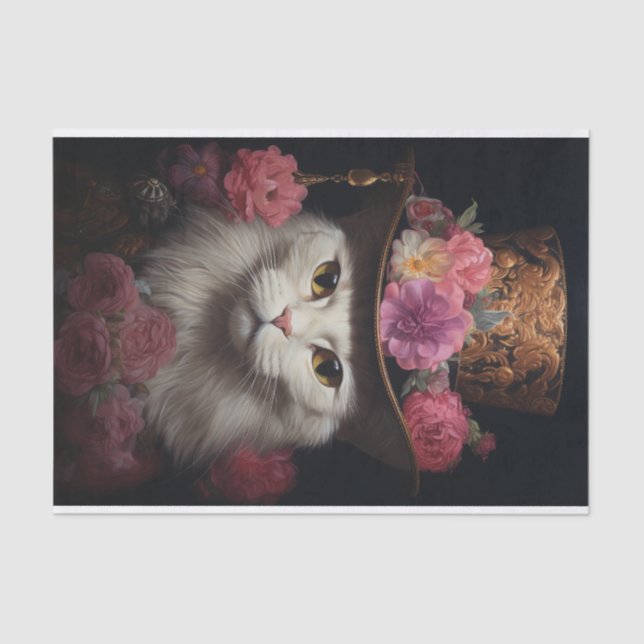 White Steampunk Cat, Roses, Decoupage Seidenpapier (Vorderseite)